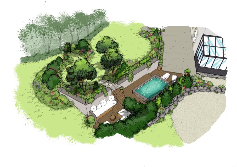 Dessin de jardin naturel et fleuri à l'anglaise, jardin cosy et bien-être. Conçu par Clémentine ARNAUD La Voix du Jardin