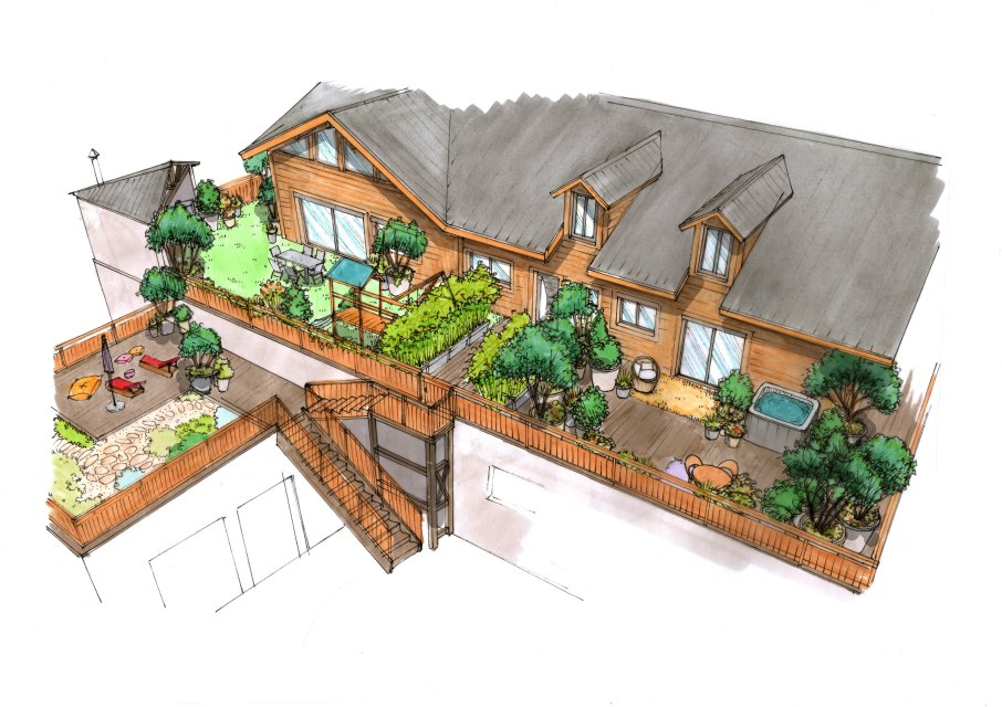 Idées aménagement d'une grande terrasse, végétalisation et coins cosy. Conçu par Clémentine ARNAUD 