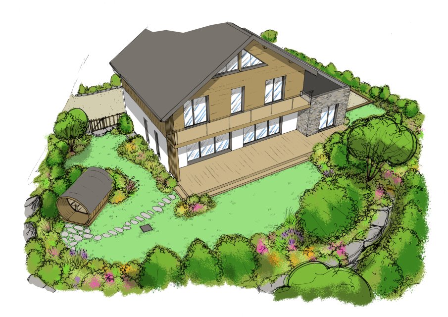 Conception d'un jardin en montagne, pour un chalet, avec forte pente et sauna. Conçu par Clémentine ARNAUD La Voix du Jardin