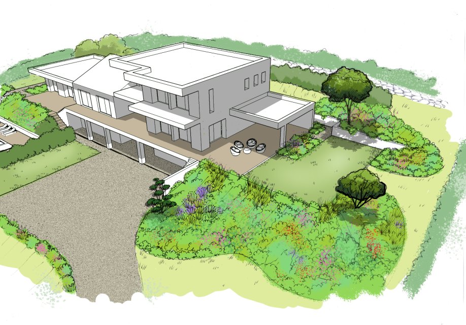 Dessin de jardin contemporain écologique pour une maison design. Conçu par Clémentine ARNAUD La Voix du Jardin