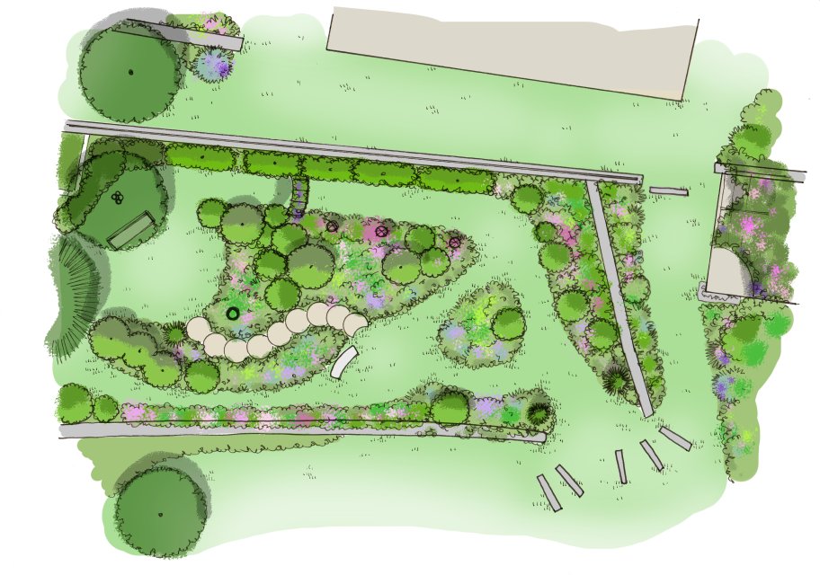 Plan de jardin romantique en montagne, dans les Alpes du sud. Conçu par Clémentine ARNAUD La Voix du Jardin