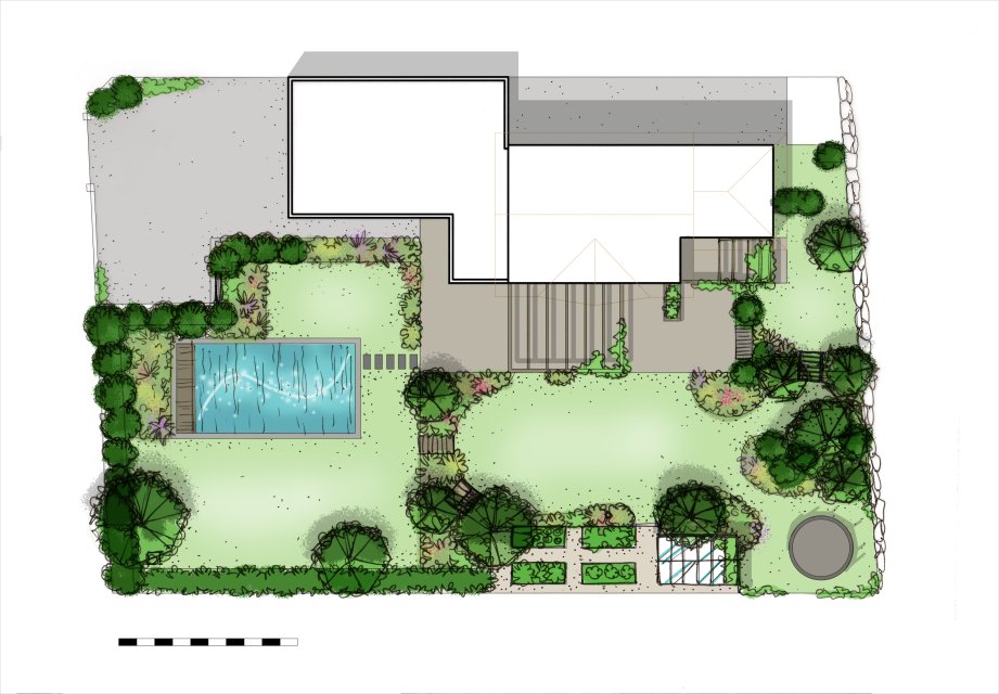 Plan de jardin pour maison familiale, potager, piscine, jeux d'enfants. Conçu par Clémentine ARNAUD La Voix du Jardin