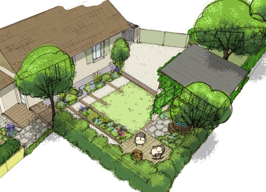 Dessin d'un petit jardin contemporain proche de Gap