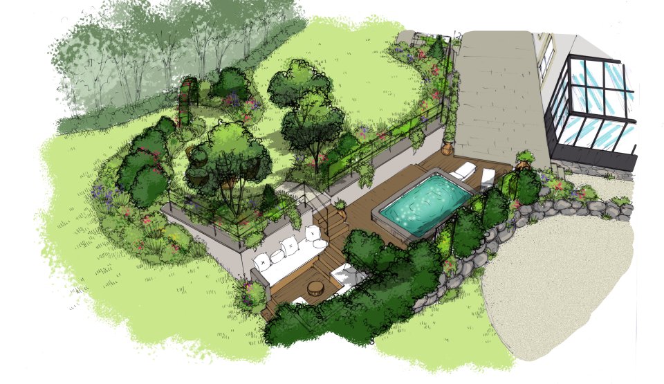 aménagement d'un jardin de montagne, dans un village, style jardin anglais, dans la vallée de l'Ubaye, près de Gap