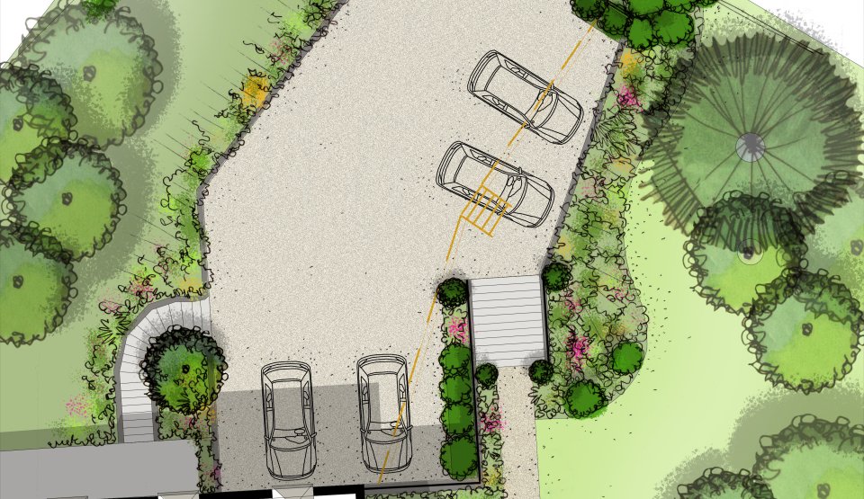 projet d'entrée de la propriété, conçu par une architecte paysagiste.