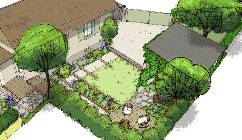 Dessin d'un petit jardin contemporain proche de Gap