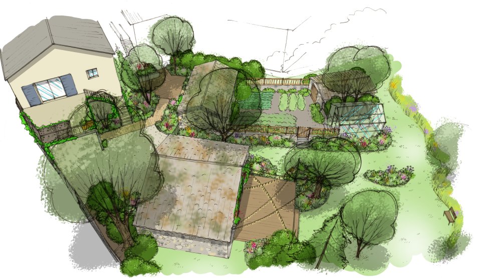 Dessin d'un jardin champêtre