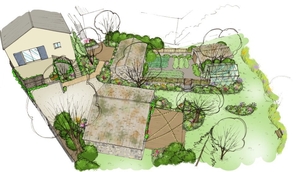 Dessin pour la conception d'un jardin champêtre