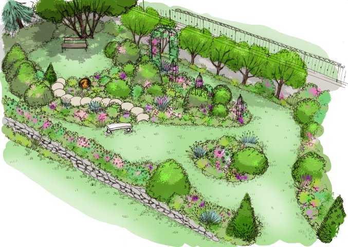 Dessin de jardin romantique et secret, jardin de fleurs, jardin de campagne, dans les Hautes Alpes 05