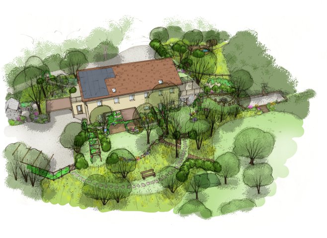 Dessin des extérieurs d'un gîte à la ferme