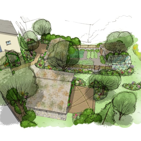 Dessin d'un jardin champêtre